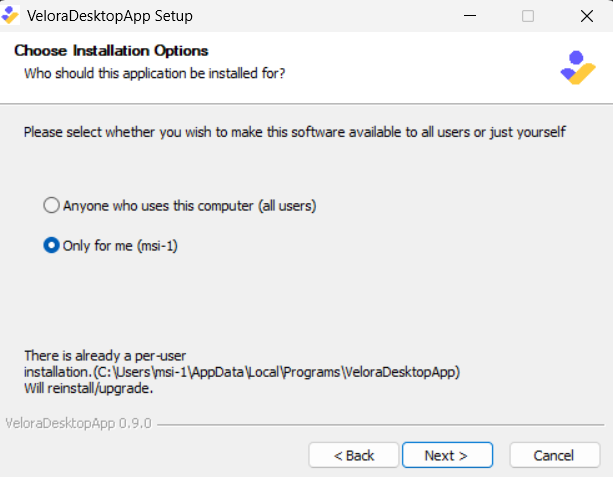 Installer screen with options to install for all users or current user only