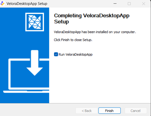 Installer completion screen with a Finish button and Run VeloraDesktopApp checkbox