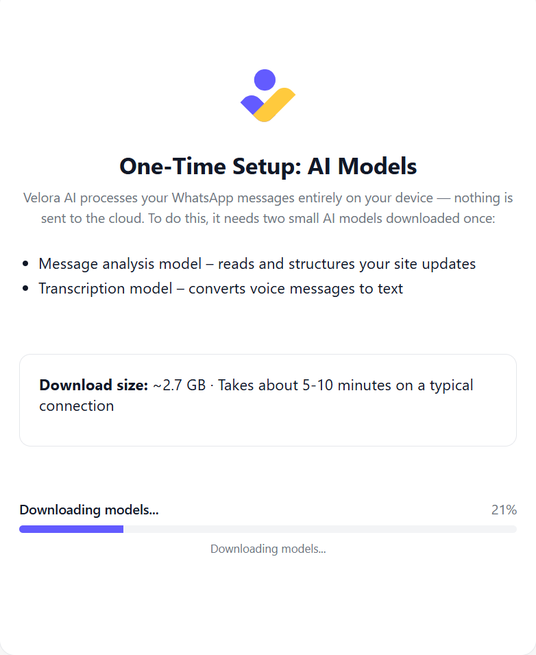 AI model download progress bar within the Velora AI app