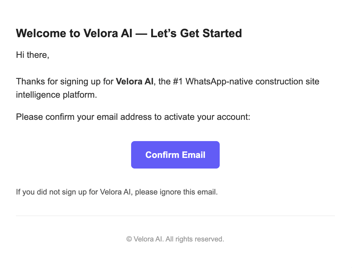 Email inbox showing the Velora AI account confirmation email with a confirmation link