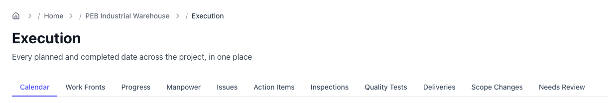 Velora Site Pro Execution screen showing the tab bar: Calendar, Work Fronts, Progress, Manpower, Issues, Action Items, Inspections, Quality Tests, Deliveries, Scope Changes, Needs Review