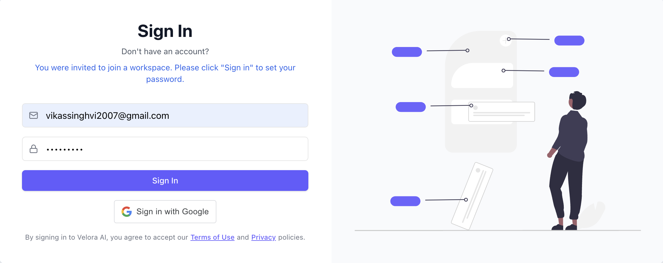 Velora Site Pro sign-in screen with email and password fields and a Sign in with Google button